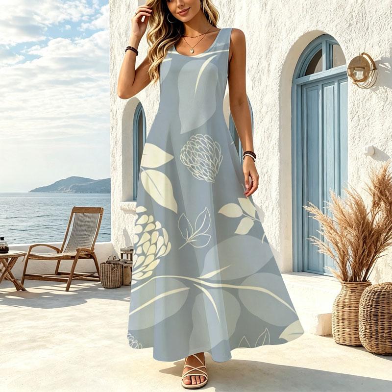 Women's U-Neck Sleeveless Maxi Dress,Lightweight Loose Fit,Fresh Style Summer Dress for Beach Vacation & Casual Daily Wear