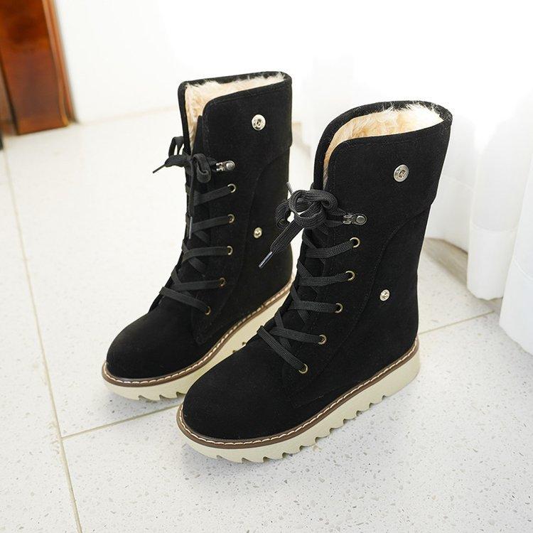 Snow Boots Women Suede Furry Solid Color Round Toe Lace Up Flat Cotton Shoes Winter Casual Plush Fur Warm Platform Ankle Boots
