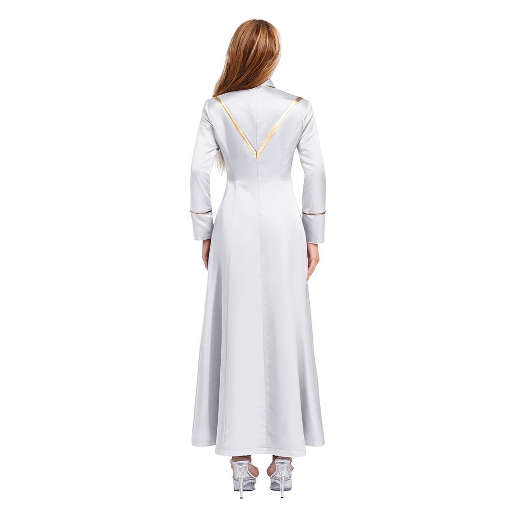 Womens Priest Cleric Cassocks Embroidered Cross Long Sleeve Back Zipper Long Robe