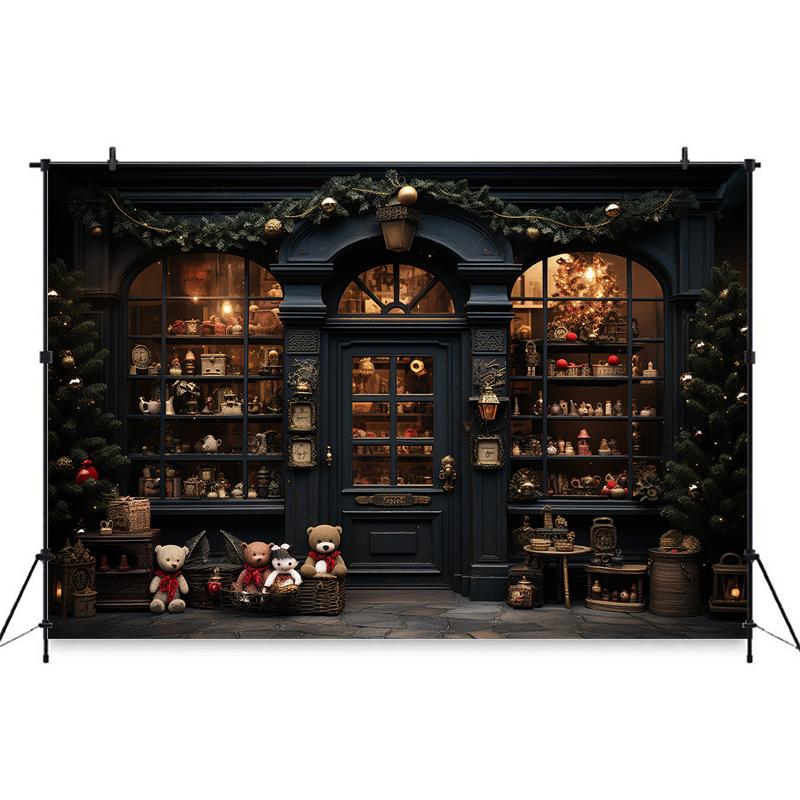 Mocsicka Black Christmas Store Backgrounds Photography Children Adult Birthday Party Backdrops Bear Gifts Xmas Tree Decor Banner