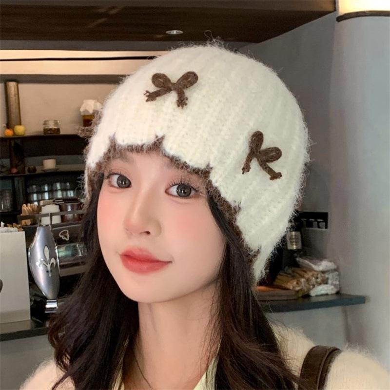 Versatile bow wool hat women's autumn and winter casual warm windproof big head circumference showing face small bag head knitted hat