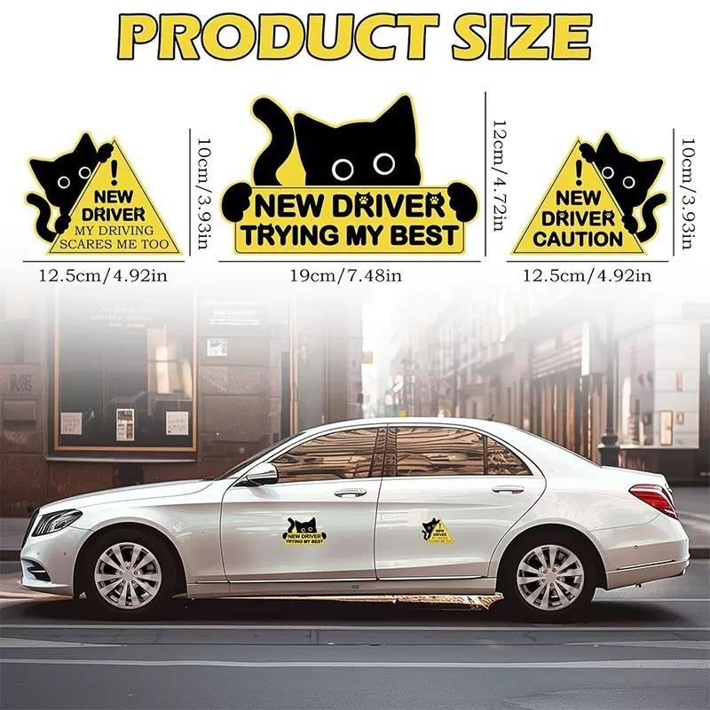 Magnetic Reflective “New Driver” Car Sticker—Cat-Patterned “New Driver” Bumper Sticker, Weather-Resistant and Removable