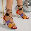 Multicolor Block Heel Sandals Summer New Round Toe Open Toe Front Strappy Anti-Slip Wear-Resistant High Heels