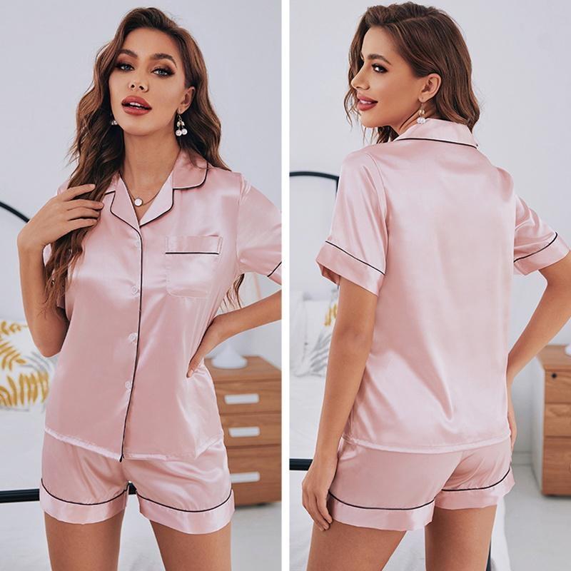 Womens Silk Satin Pajamas Set Short Sleeve Two-piece Pj Sets Sleepwear Loungewear Button-Down