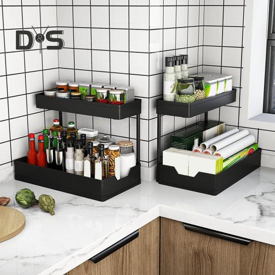 Выдвижная полка для хранения кухонного шкафа, органайзер под раковиной, большая вместимость, 2 уровня, Г-образная, простая установка, органайзер для хранения
