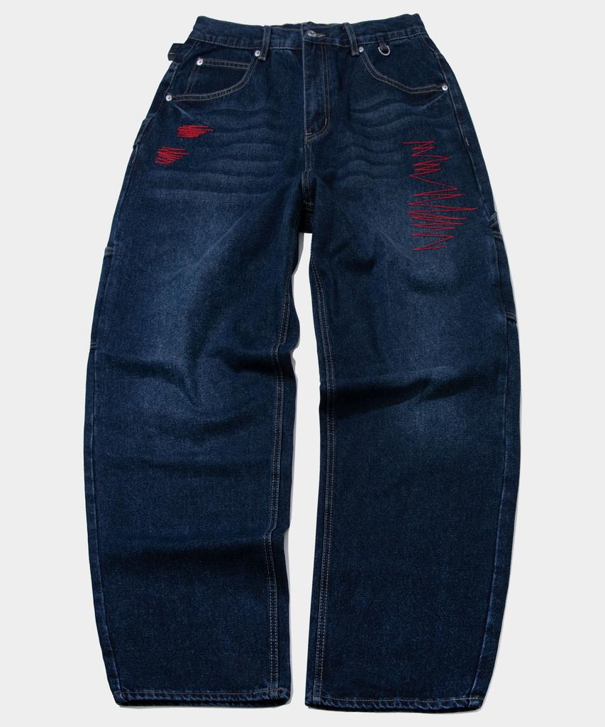 SOME PLACE Color Embroidery Stitch Point Balloon Straight Fit D-Ring Washed Denim Pants _ 2 Colors