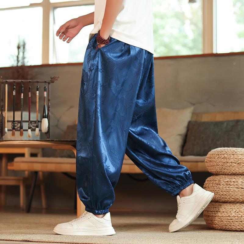 Outdoor Pants Men Lce Silk Dragon Dark Flower Loose Bloomers Wide Leg Casual Trousers Male