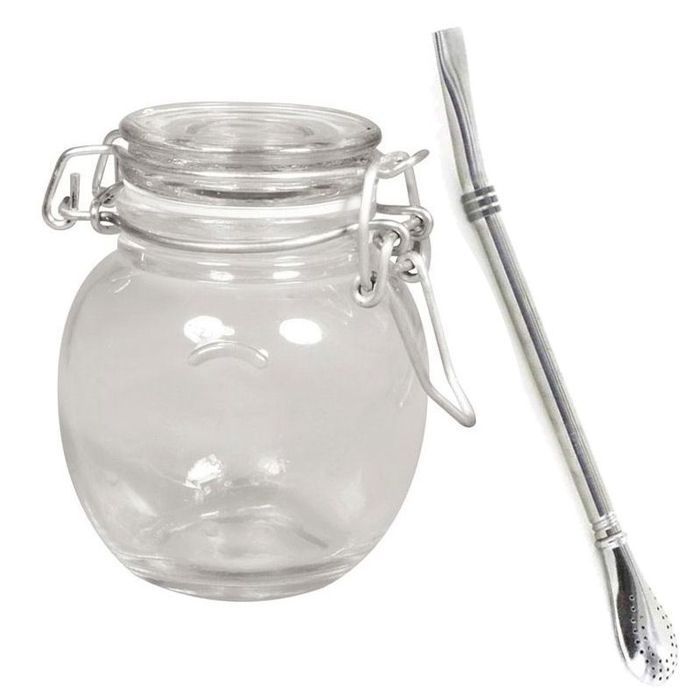 Glass Jar with Lid + Stainless Steel Straw with Filter