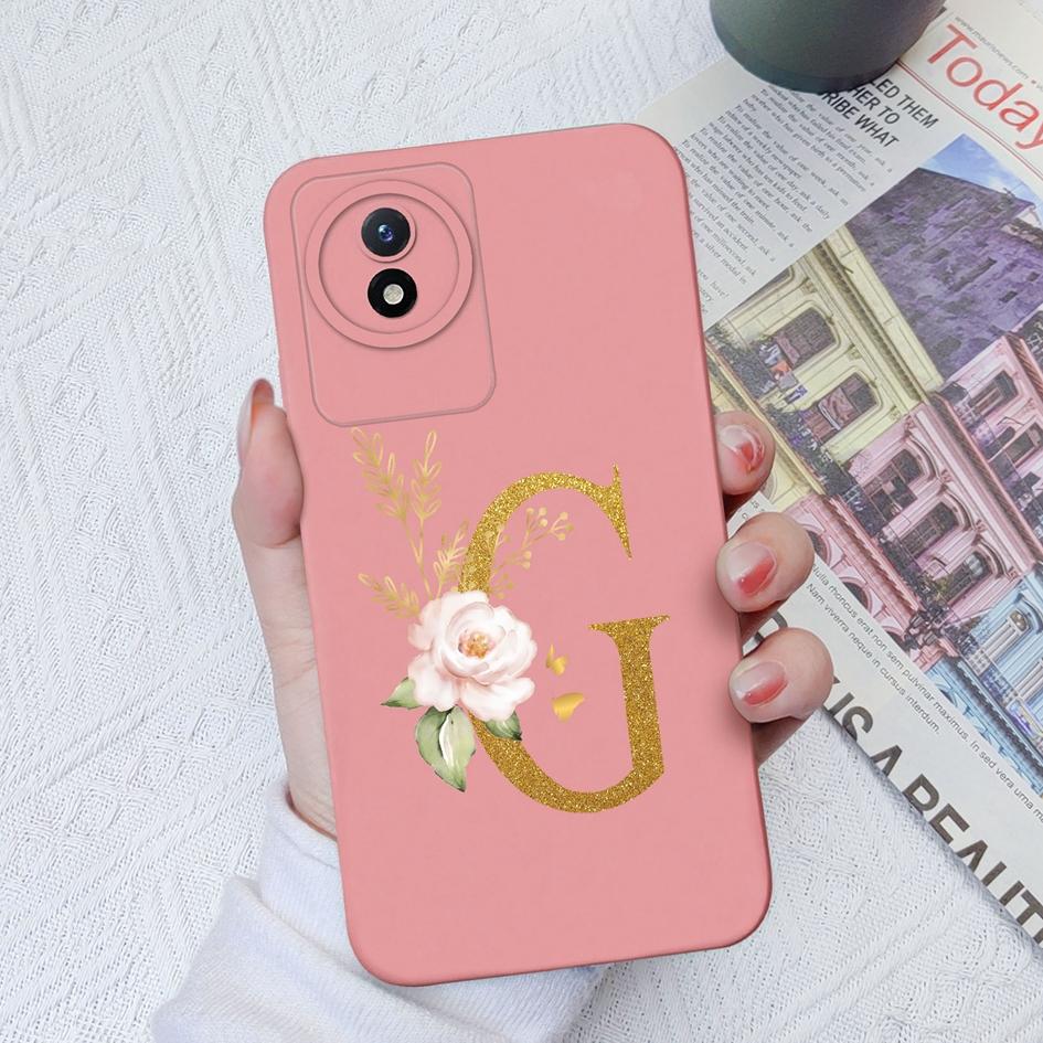 Чехол для телефона Vivo Y02S Y11 Y12 Y15 Y16 Y17 Y19 Y20 Y21 Y30 4G 5G Роскошный защитный жидкий мягкий силиконовый чехол с цветочными буквами для Vivo Bumper Coque