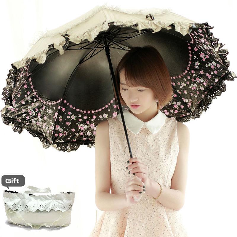 Lace Flower Women Sun Parasol Sunscreen Portable Compact Black Coating Anti UV Rain Umbrella Girl Princess Sunshades Vintage