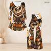 Women Plus Size Two Piece Set V Neck Three Quarter Sleeve Raccoon Pumpkin Printed Flared Top And Flared Pants