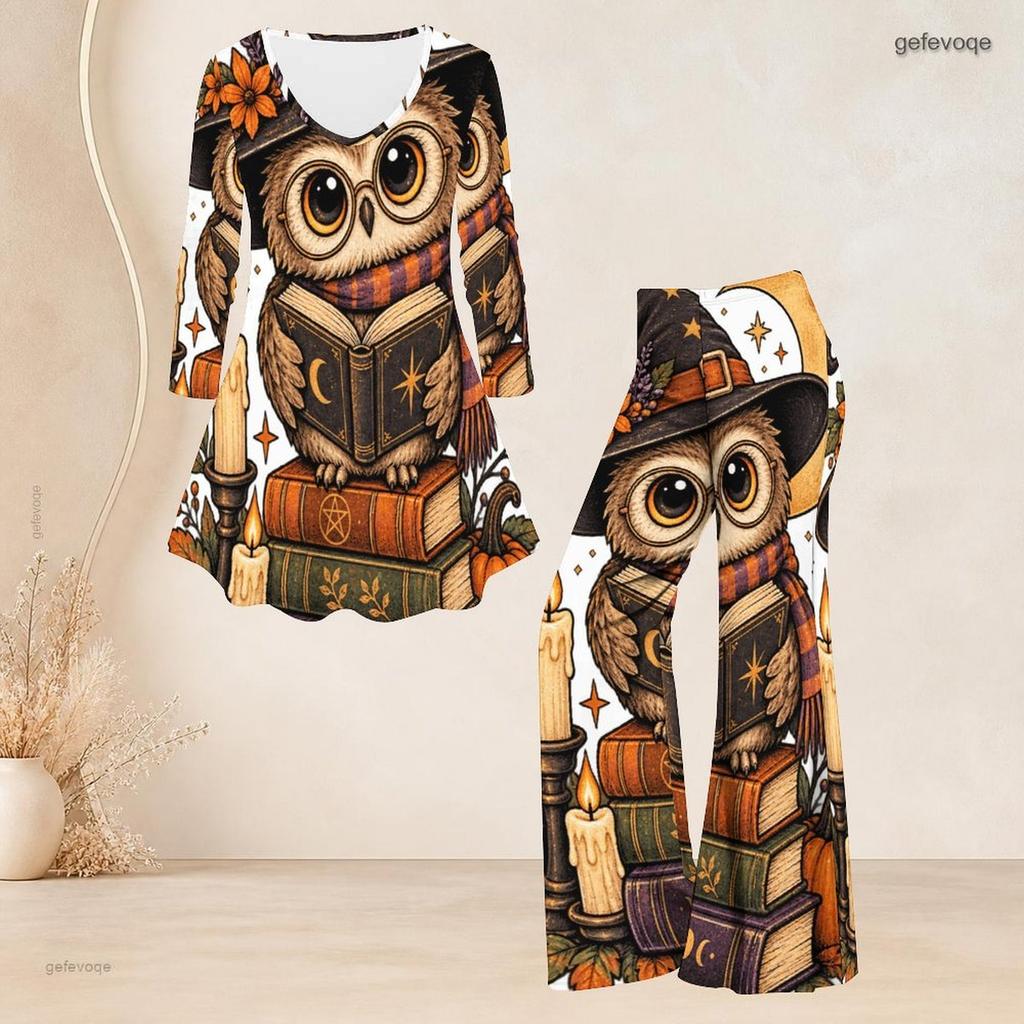 Women Plus Size Two Piece Set V Neck Three Quarter Sleeve Raccoon Pumpkin Printed Flared Top And Flared Pants