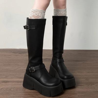 Платформа танкетка каблук женские сапоги до колена модные ремень пряжка слипоны длинные сапоги осень зима женская обувь