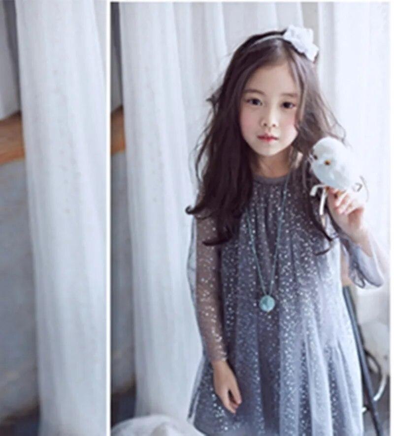 Summer Dress 2023 Shiny Star Pattern Girls Yarn Cotton Lined Princess Dress Christmas O-Neck Kids Long Sleeve Dresses