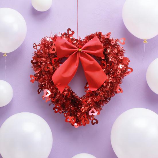 Tinsel Heart Shaped Wreath with Bow for Front Door Valentine's Day Red Pink Heart Wreath