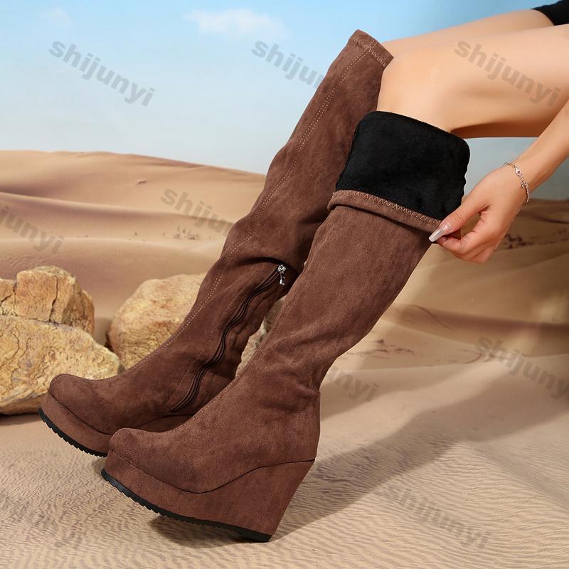 Модные женские ботфорты на танкетке, женские осенние новые модные ботинки на толстой подошве с высоким голенищем, женские ботфорты выше колена, длинные боты, большой размер 42