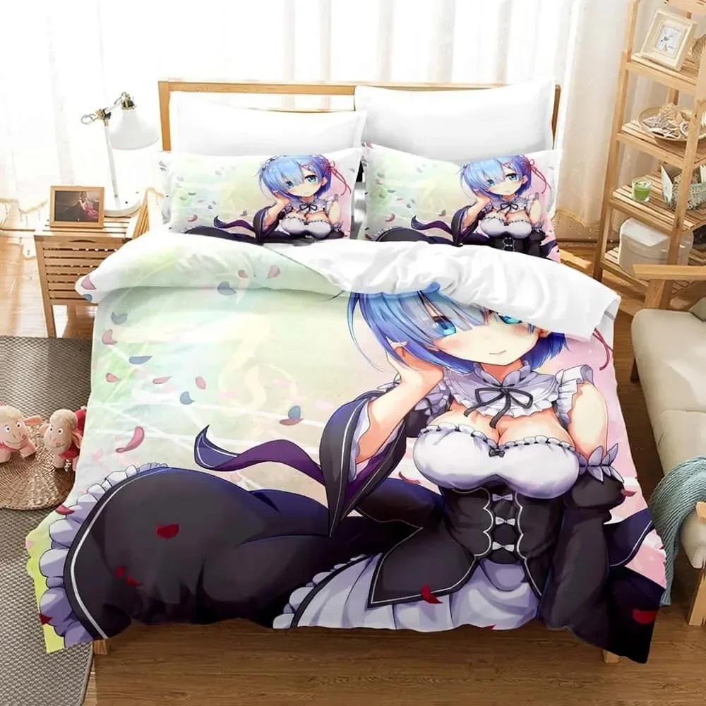 Аниме ReZERO - Жизнь с нуля в другом мире Комплект постельного белья Печатный комплект постельного белья с наволочкой Пододеяльник Мягкий Размер Queen Super King
