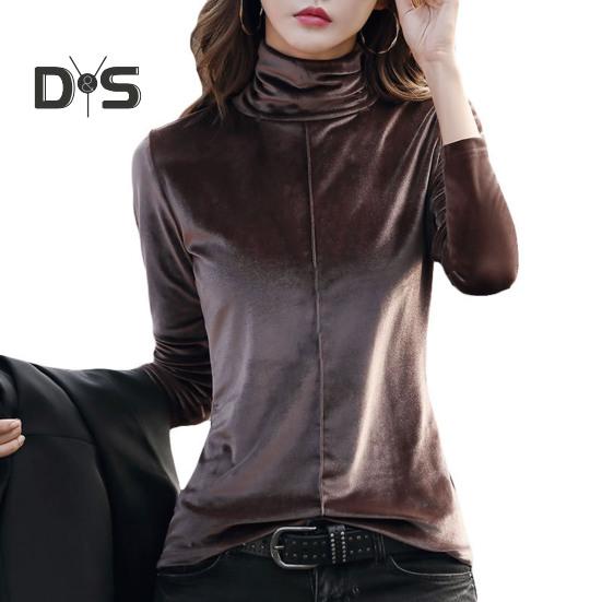 Женские топы с высоким воротником и длинным рукавом, стандартный крой, пуловер, верхняя часть, осень-зима, утолщенная бархатная блузка