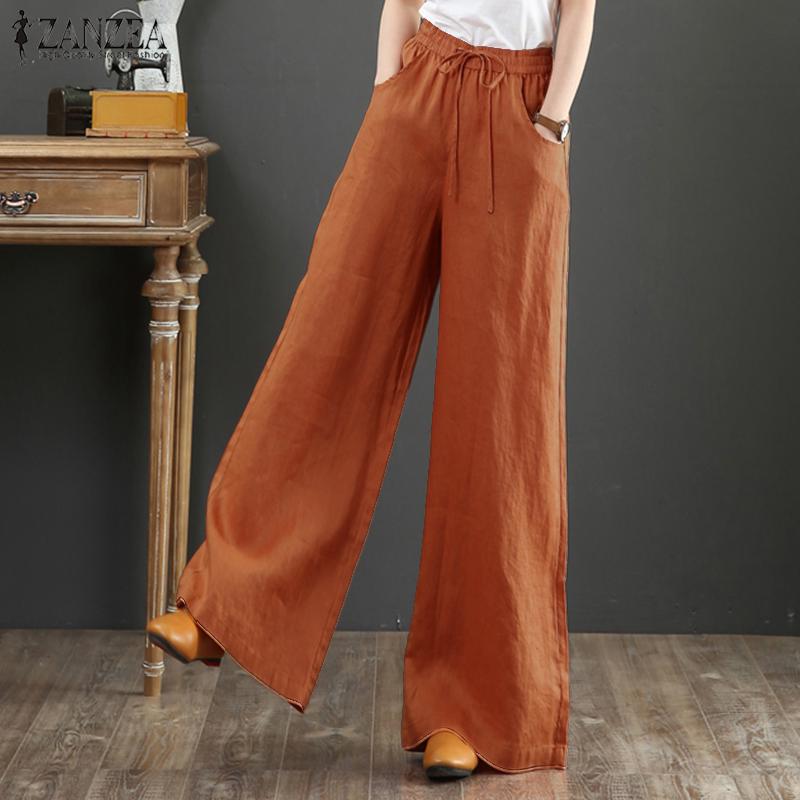 ZANZEA Vintage Women Elastic Waist Business Casual Wide Leg Trousers Culottes Flare Long Pants
