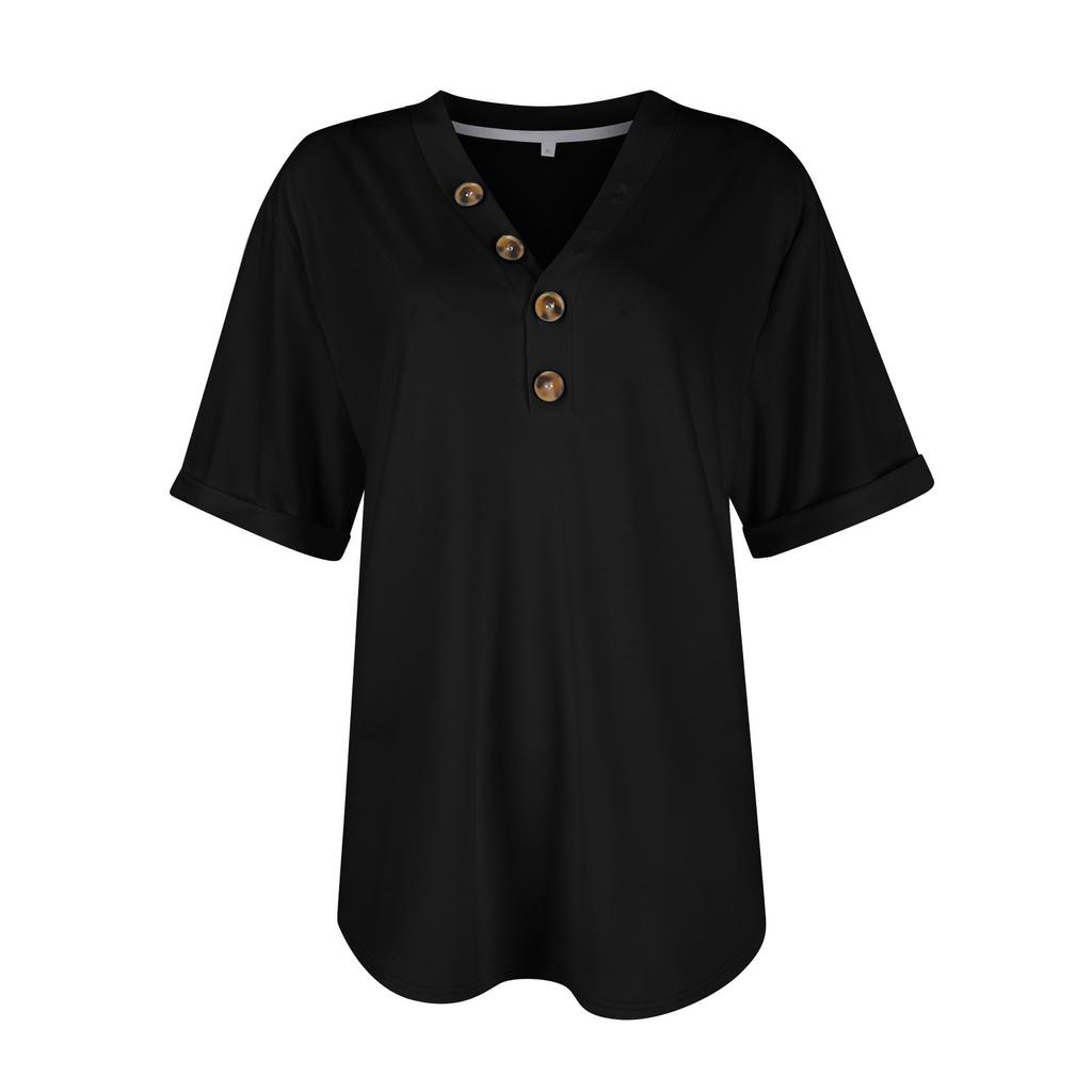 Women's Fashionable Casual Short Sleeved Solid Color V-neck Button Top