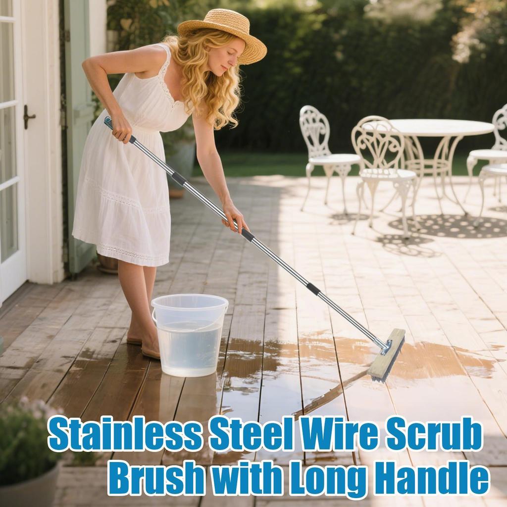 Stainless Wire Brush 59-inch Scrub Brush With Long Handle Heavy Duty Hard Bristles Tool For Garage Floor Deck Wall Tub Patio