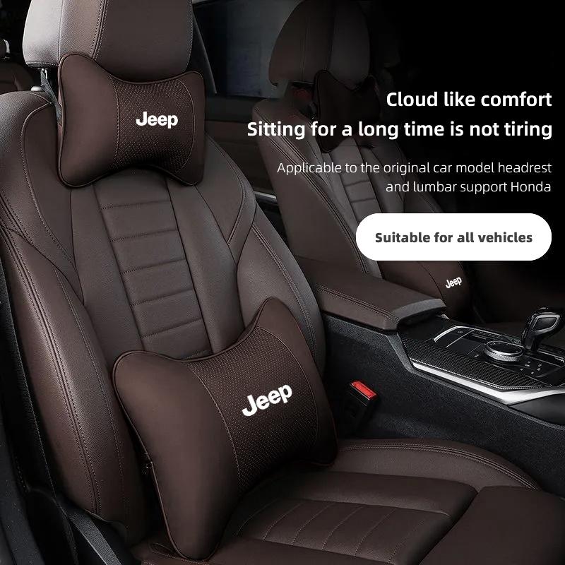 For Jeep Car Seat Neck Pillow Leather Headrest Lumbar Waist Support For Jeep Grand Cherokee Wrangler JK Gladiator Compass Ren