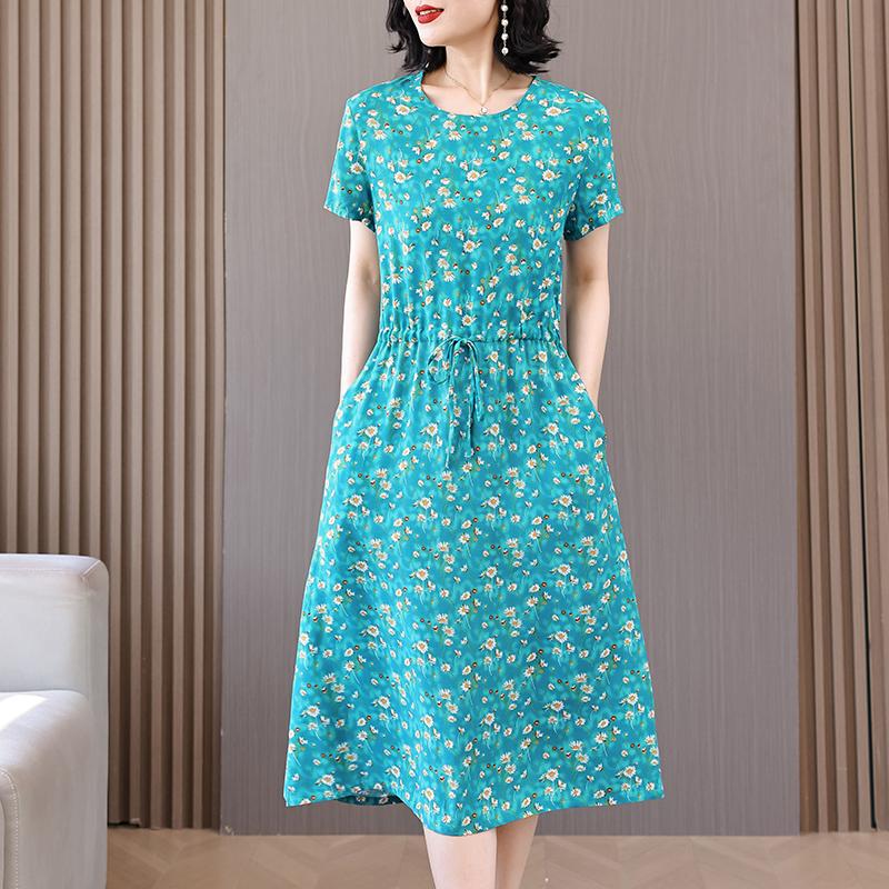 Летнее женское элегантное платье, новое повседневное платье в корейском стиле с коротким рукавом, женское длинное платье с винтажным принтом