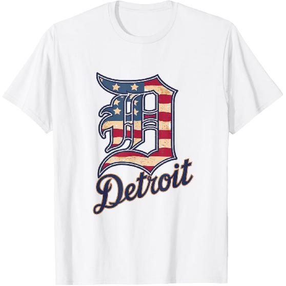 Nate Willis Detroit American Flag Old English D T-Shirt - Men's Black Small Modern Classic Letter Print Short Sleeve T-Shirt