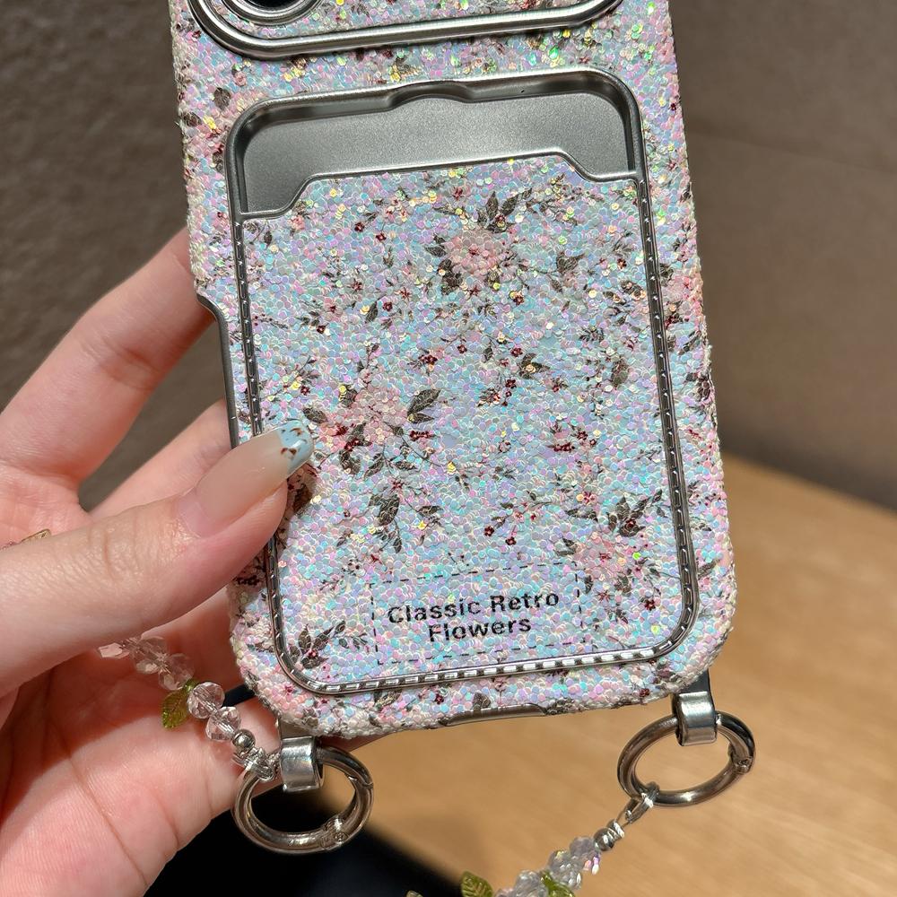 KEYSION Женский Девичий Чехол для Телефона с Цветком для iPhone 14 15 16 17 Pro Max с Карманом для Карт, Противоударная Крышка с Цепочкой-Браслетом из Бусин