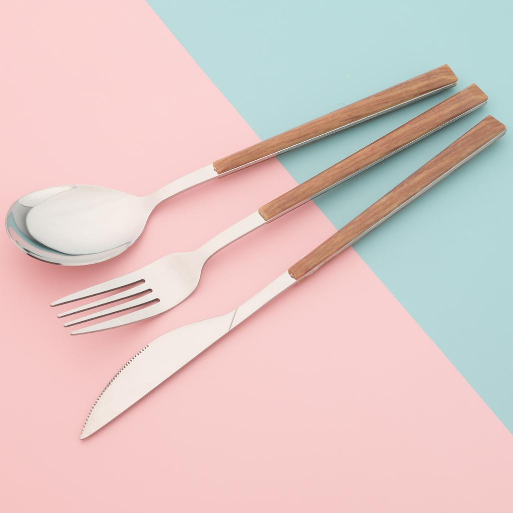 24Pcs Imitation Wooden Handle Cutlery Set Knife Dessert Fork Coffee Spoon Dinnerware Set Gold Kitchen Tableware Stainless Steel Flatware