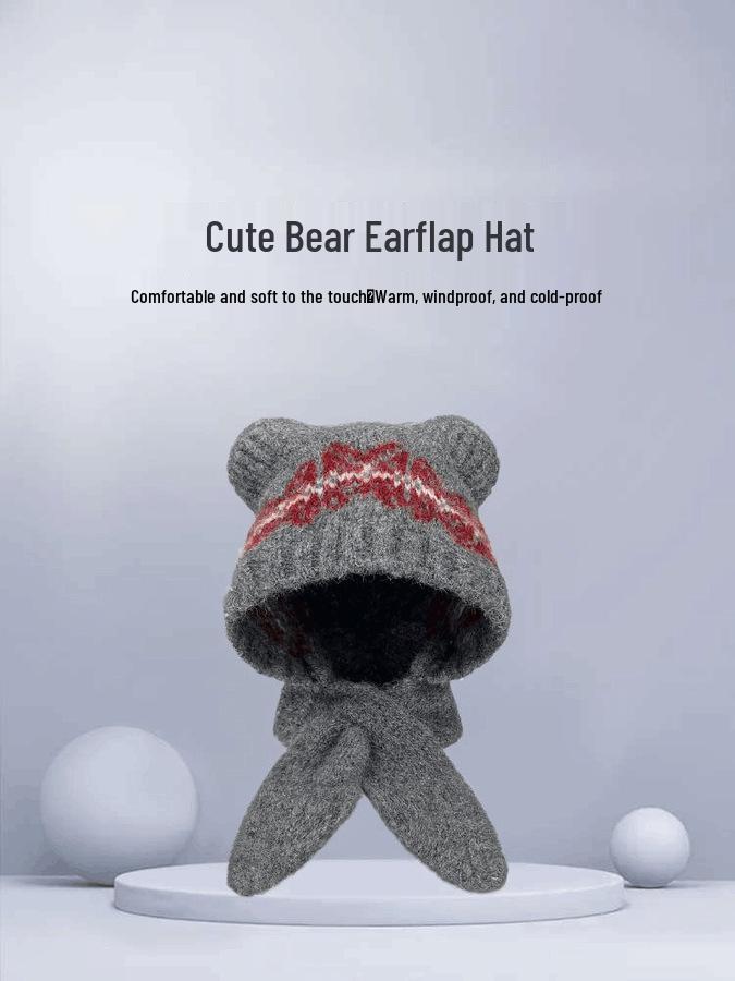 Женский милый комплект шапка и шарф с мишкой из смесовой шерсти - Зимний теплый, стройнящий и вязаный с ушками.