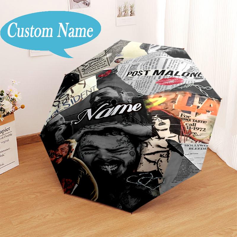 Custom Name Post Malone Artwork Umbrella Folding Umbrella, Automatic Umbrella - 8-Frame for Travel, Casual Lightweight Personalized Gifts
