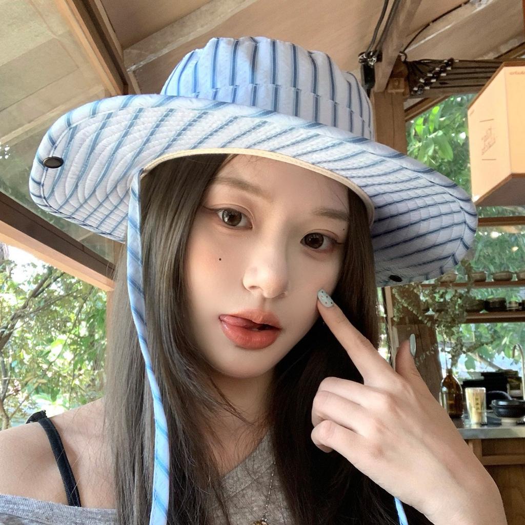 New small fresh striped strappy bucket hat women's spring and summer big eaves mountaineering hat sunshade sunscreen hat