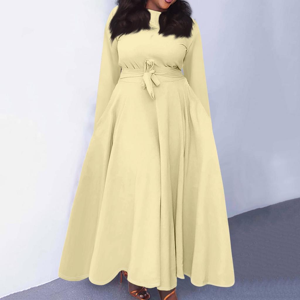 Женское повседневное модное платье большого размера с круглым вырезом и длинным рукавом с карманами на бретелях