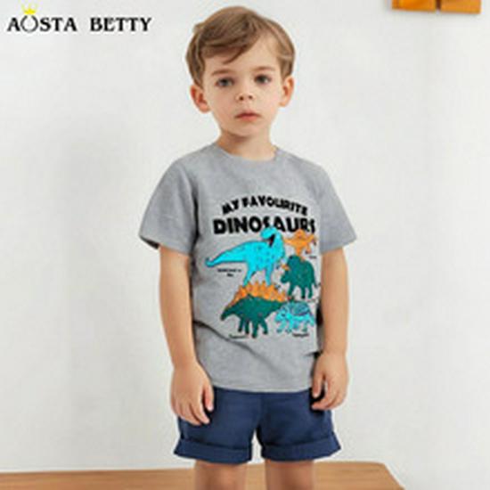Летний комплект с принтом динозавров для мальчиков с коротким рукавом - Европейский и американский стиль