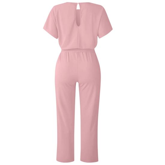 Women's Short Sleeve Jumpsuit Tie Waist Belted Straight Wide Leg Pant Romper Casual Crew Neck One-piece Overall