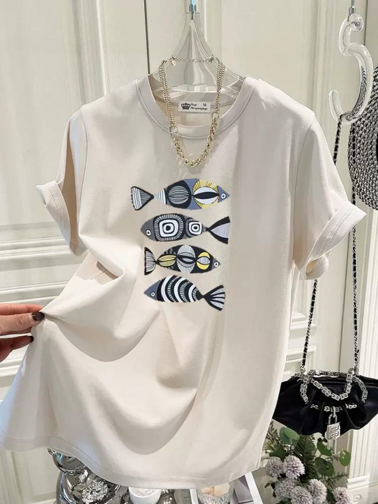 2024 Summer Trend: Women's Loose-Fit Pure Cotton Fish Print T-Shirt