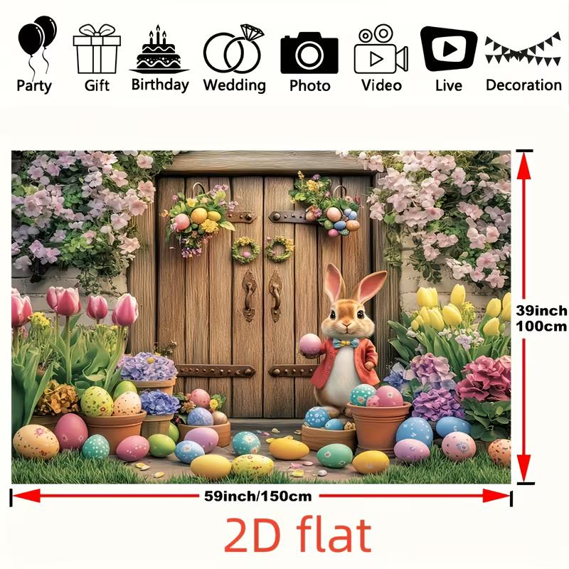 2D Easter Bunny Photo Booth Backdrop, Spring Flowers & Colorful Eggs Background