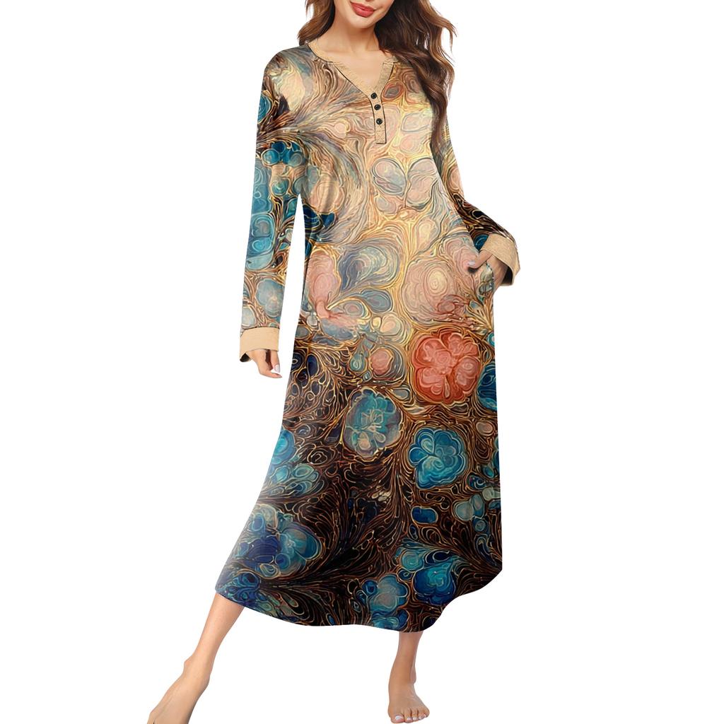 Женская ночная сорочка длинная домашняя одежда с V-образным вырезом и карманами