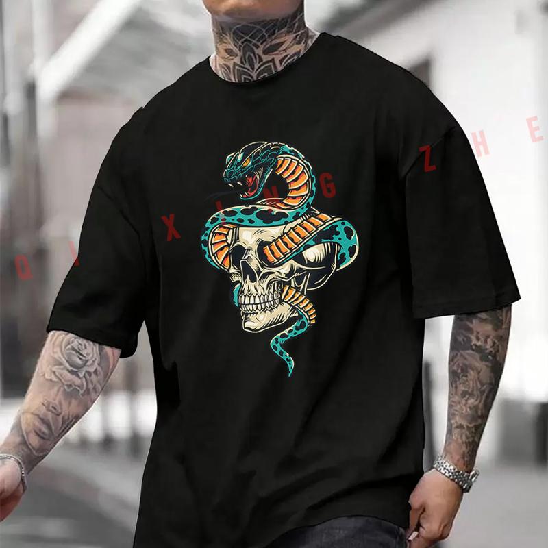 Snake And Skull Design Motorcycle Printed T-Shirt Men's Fashion Short Sleeve Exquisite Design Essential Top Tees