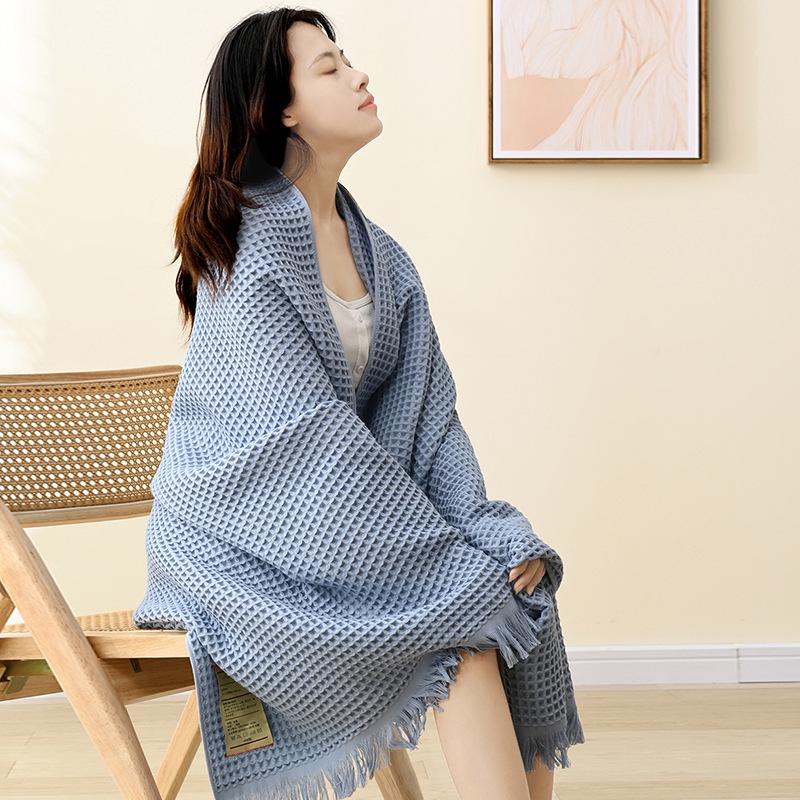 Lusu Pure Cotton Tassel Bath Towel Shawl for Home - Unisex Waffle-Texture Wrap or Nap Blanket