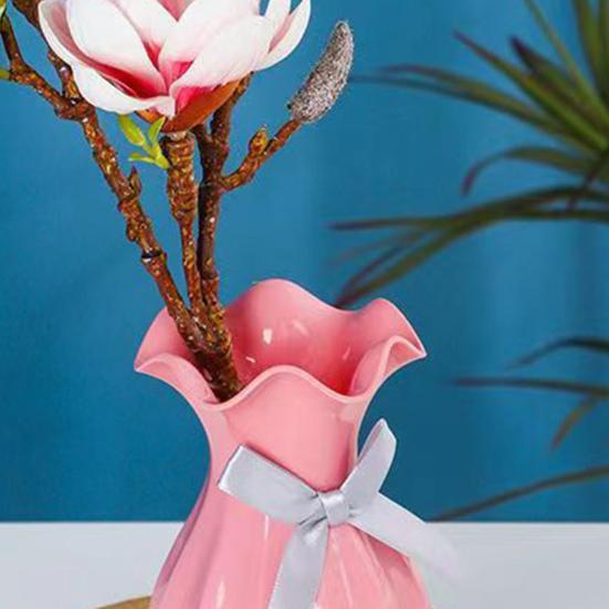 Легкая пластиковая ваза, небьющаяся ваза для цветов с гофрированным горлом, держатель для сухоцветов с бантом для спальни, гостиной, стола, декора