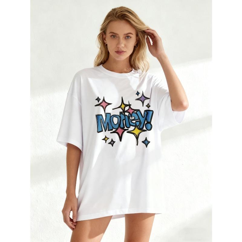 Oversized T-Shirt Black Money Text And Sparkle Stars Print Casual Streetwear Style For Women