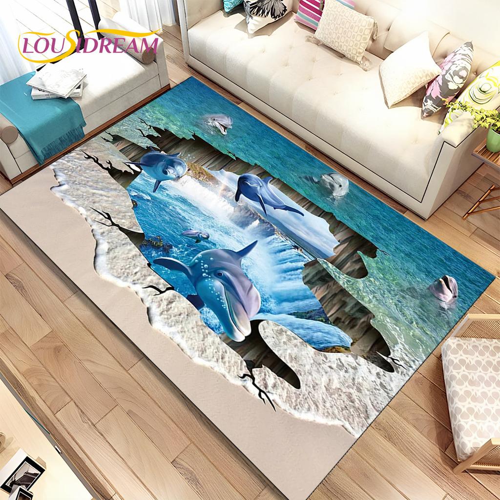 3D иллюзия морского дна, подводный мир, коврик с дельфином и акулой, коврик для гостиной, спальни, дивана, коврик, нескользящий напольный коврик