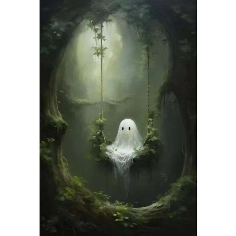 Halloween Ghost Poster Cute Ghost Forest Canvas Printing Poster Wall Art Festival Decoration Painting for Home Living Room Decor