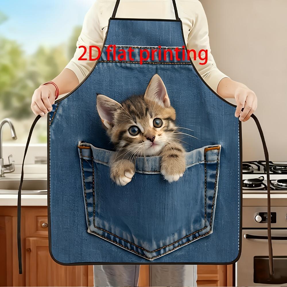 A 1pc 2D Flat Apron Featuring Cat Style, Depicting Cat Peeking Out from a Blue Denim Pocket. This Stylish Home Workwear