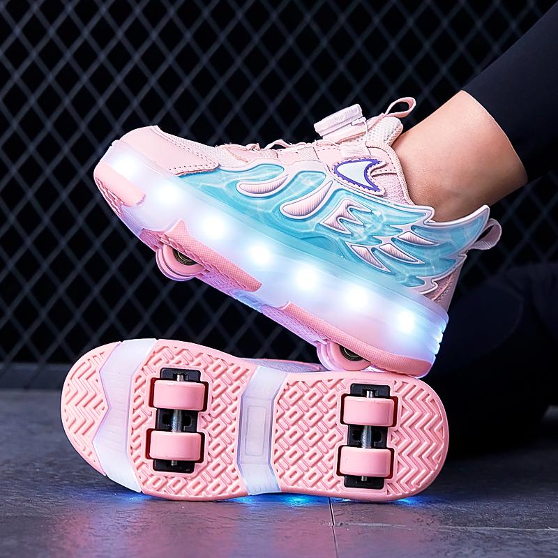 ДЕТСКАЯ четырехколесная зарядная обувь на плоской подошве, обувь со светодиодной лампой, обувь для бегунов, спортивная обувь для катания на роликовых коньках, коньки для девочек