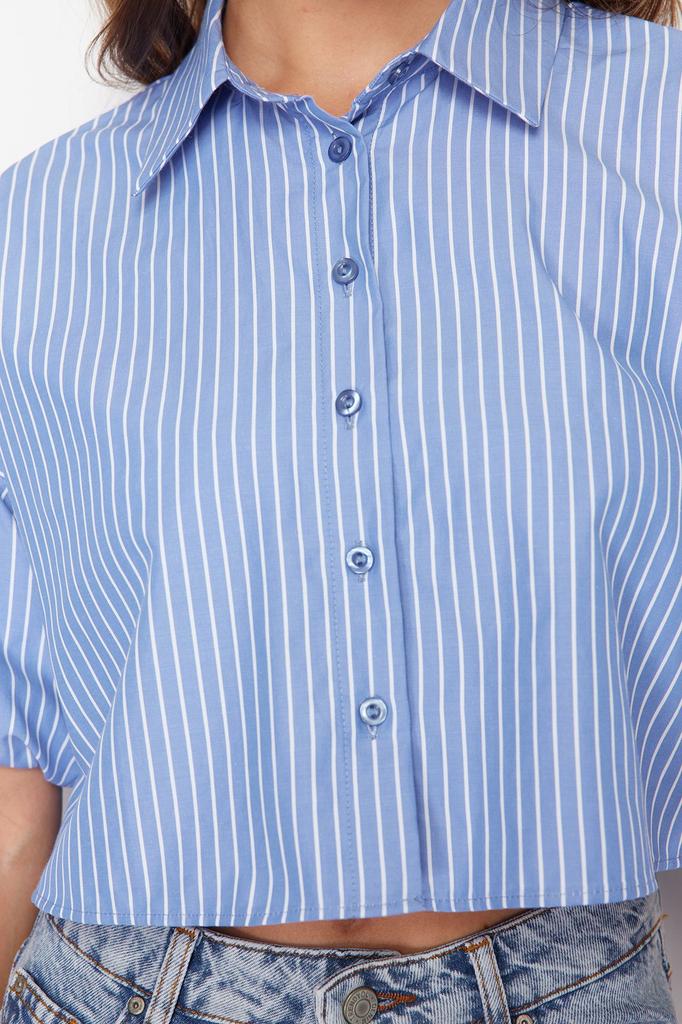 Women's Style Shirt Striped Crop Woven Balloon Sleeve Shirt