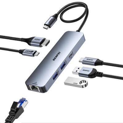 BENFEI USB C Hub HDMI 2 x 1 x 100 Вт Gigabit Silicone Совместим с MacBook iPad iPhone 15 Max 6-в-1 (4K @ 60 Гц), USB-A, USB-C Данные, Зарядка,