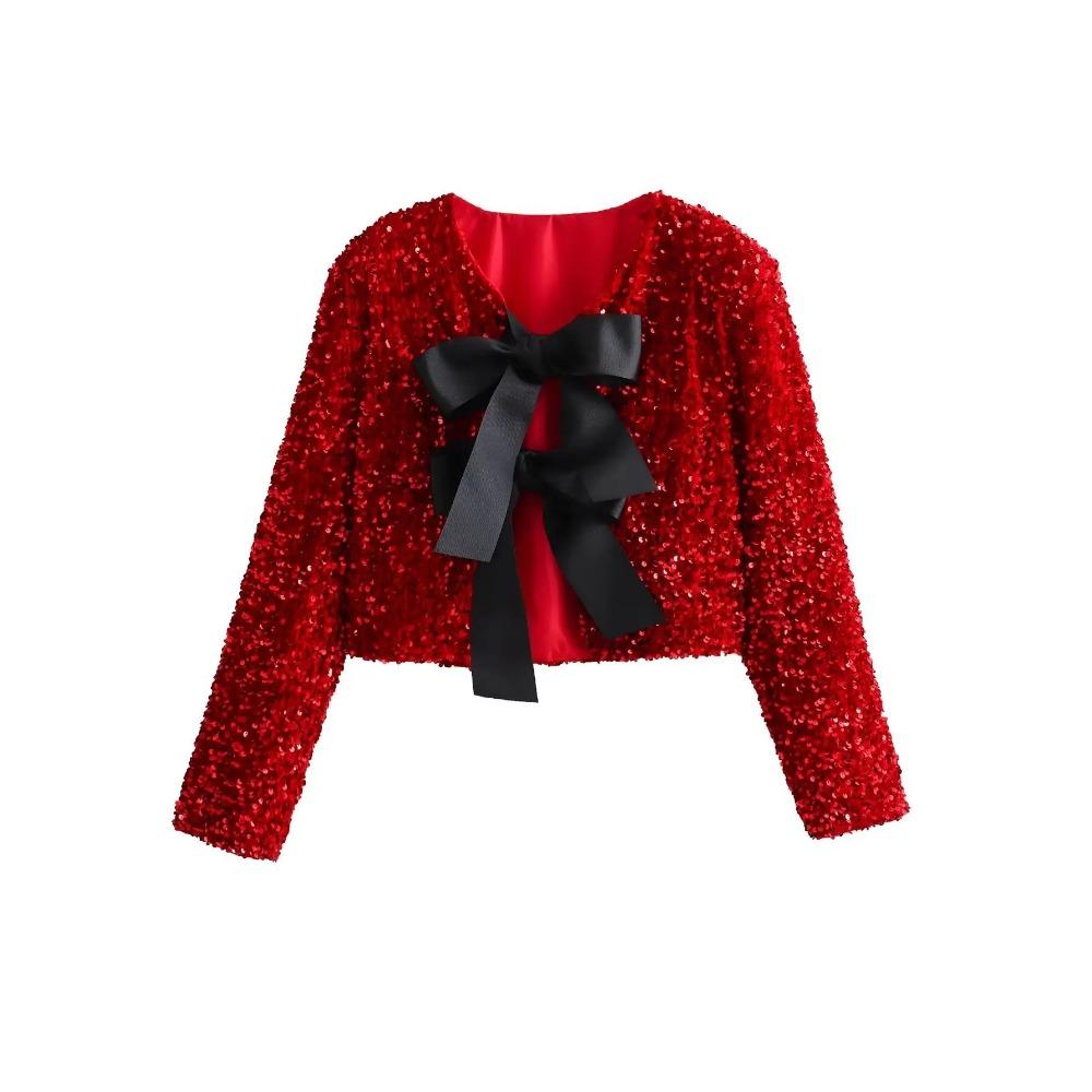 Fashion Holiday Tie-front Sequined Jacket for Women Y2K Shiny Chic Cropped Coat Female Elegant Long Sleeve Lady Party Outerwear